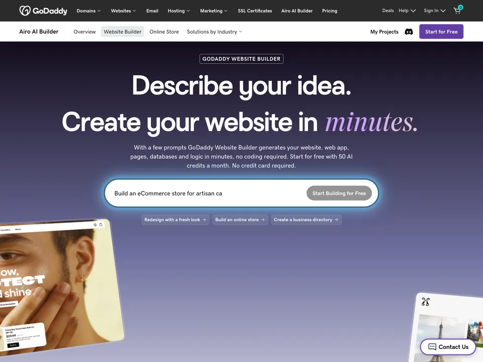 Página de GoDaddy Website Builder con el texto «Describe your idea. Create your website in minutes.»