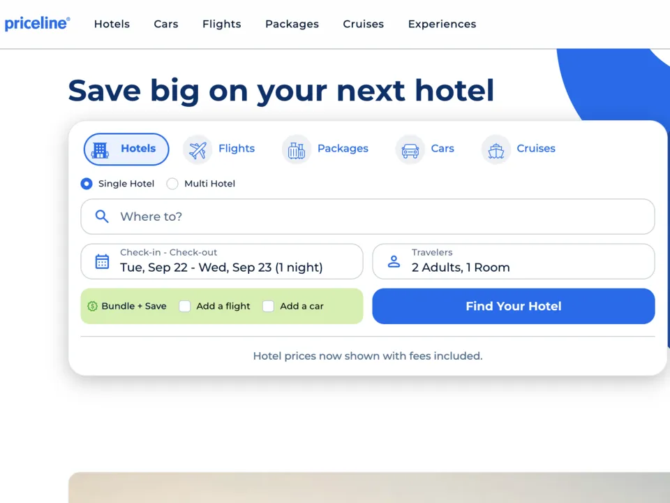 Página de inicio de Priceline con el texto «Save big on your next hotel» y el formulario de búsqueda de hoteles.